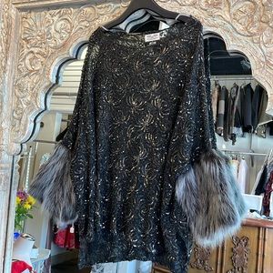 Sequin sheer black lace and genuine fur cuff oversize tunic shirt dress